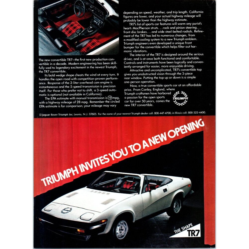 1980 Triumph TR7 TR-7 Convertible Roadster Vintage Print Ad Plain Interior Art